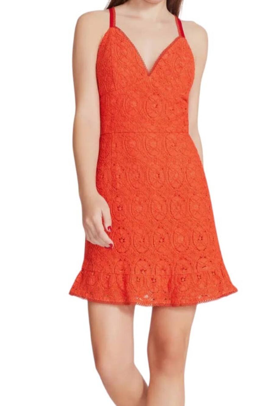 Betsey Johnson Dress Crochet Lace Overlay Strappy Ruffle Hem orange X-Large XL